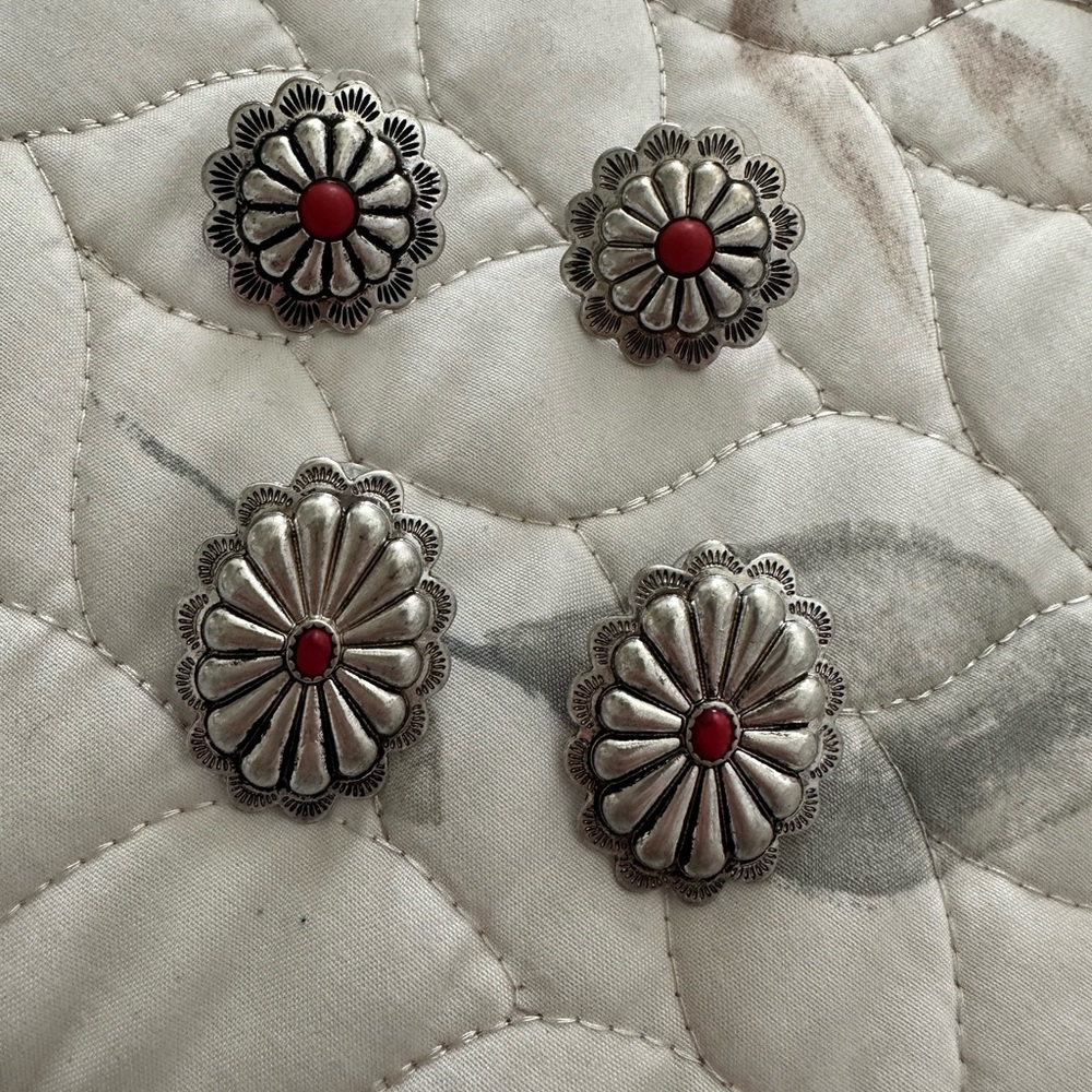 Silver Floral Concho Earrings with Red Accents
